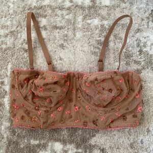 Aerie Floral Embroidered Bra in Brown and Pink